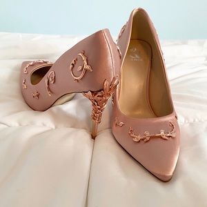 Blush pink heels with rose gold embellishments